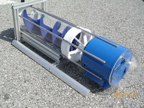 Photo of HydroCoil in-line, helical, portable, micro-hydro turbine.